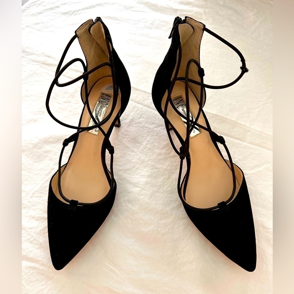 INC International Concepts Black Suede Heels W/Elastic Straps Size 5